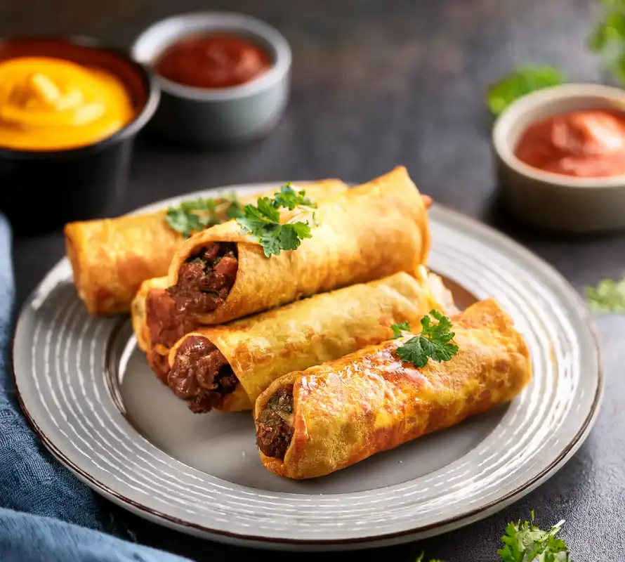 Firefly Philly Cheesesteak Egg Rolls, natural lighting, elegant plating Realistic side close up --te (3)