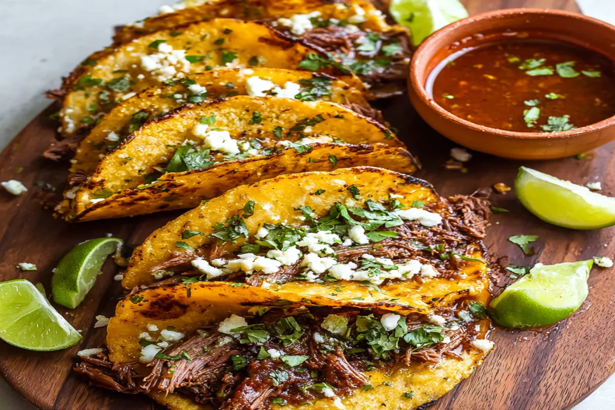 Birria tacos dipped in consomé