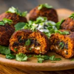 close-up of crispy birria ball with melted cheese