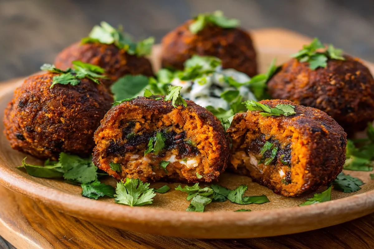 close-up of crispy birria ball with melted cheese