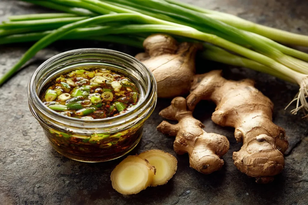 Jar of scallion oil in fridge