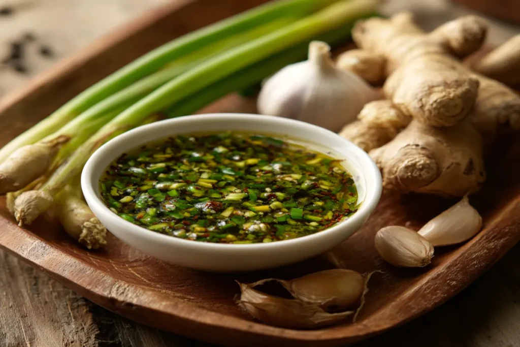 Jar of scallion oil in fridge