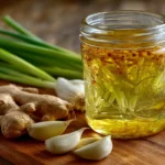Jar of scallion oil in fridge