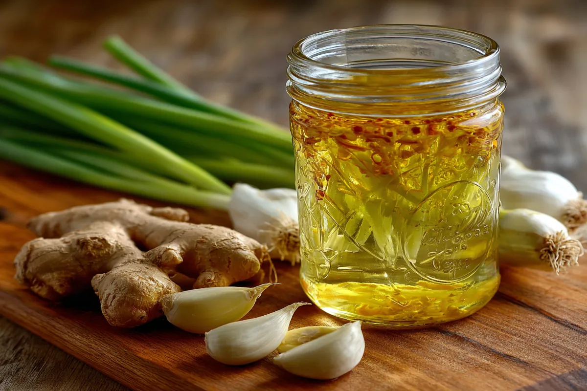 Jar of scallion oil in fridge