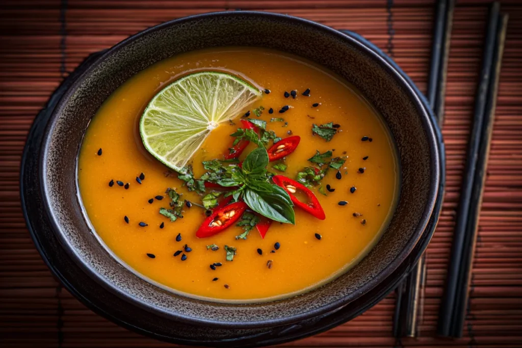 Spicy Thai carrot ginger soup with basil and chili