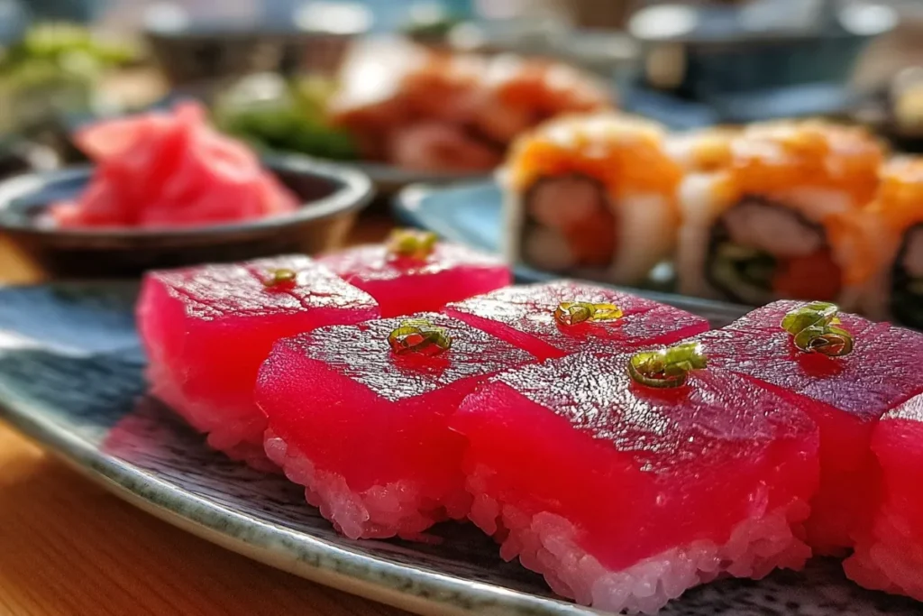 Pink pickled ginger next to sushi rolls