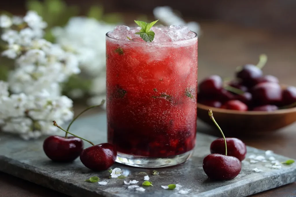 Hibiscus ginger mocktail in glass with lime and mint