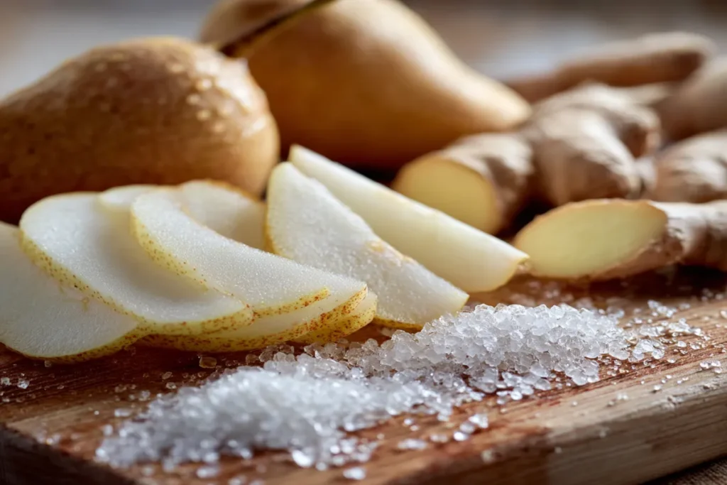 Pear-ginger shrub mocktail served over ice with a pear slice