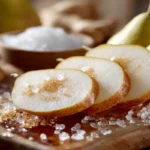Pear-ginger shrub mocktail served over ice with a pear slice