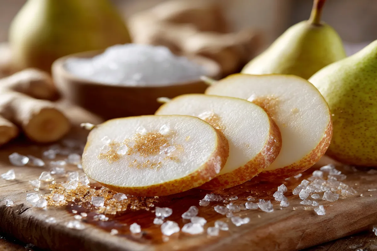 Pear-ginger shrub mocktail served over ice with a pear slice
