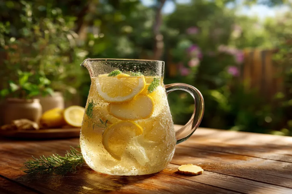 Batch Ginger Lemonade in glass pitcher with lemon and ginger