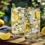 Batch Ginger Lemonade in glass pitcher with lemon and ginger