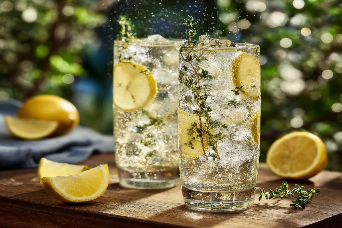 Batch Ginger Lemonade in glass pitcher with lemon and ginger