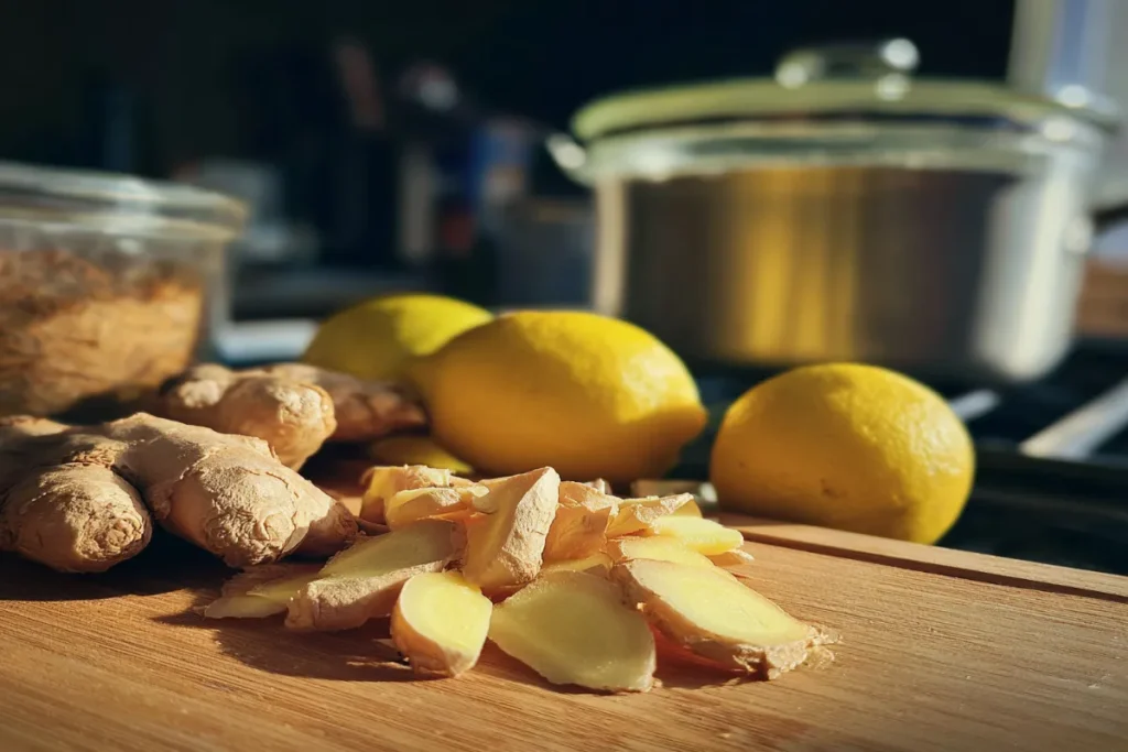Batch Ginger Lemonade in glass pitcher with lemon and ginger