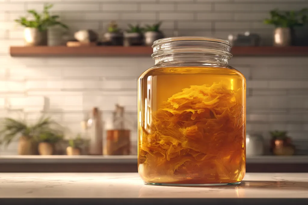 Bubbles inside a freshly fermented kombucha bottle