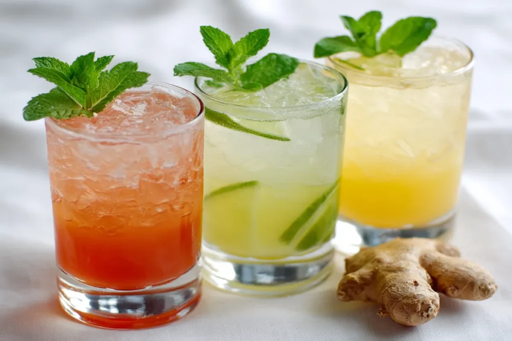 Hibiscus ginger mocktail in glass with lime and mint