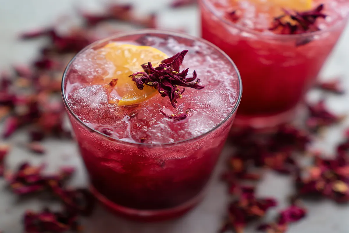 Hibiscus ginger mocktail in glass with lime and mint