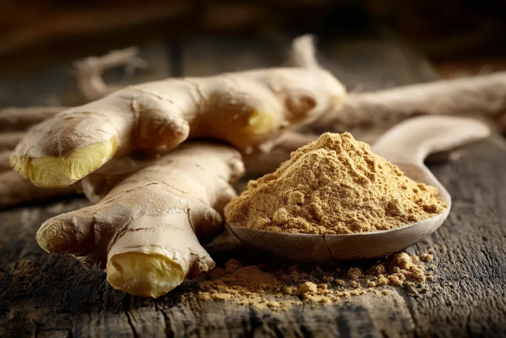 Fresh ginger root and ground ginger on wooden background