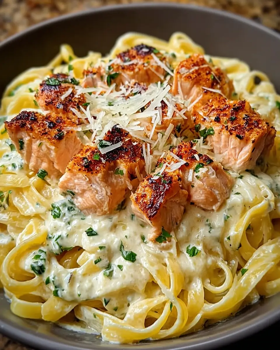 A delicious plate of Creamy Air-Fried Salmon Pasta