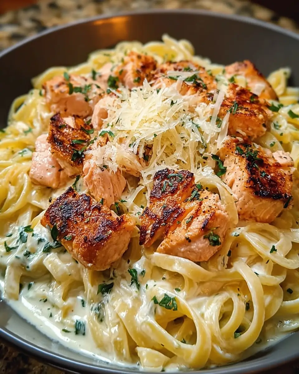 A delicious plate of Creamy Air-Fried Salmon Pasta