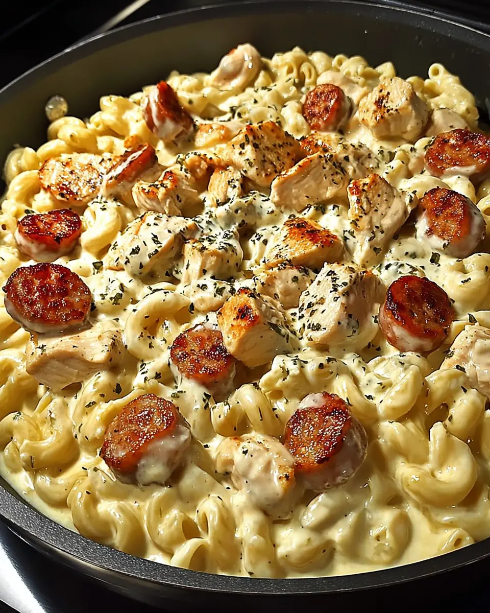 A delicious plate of Creamy Pepper Jack Chicken & Sausage Pasta