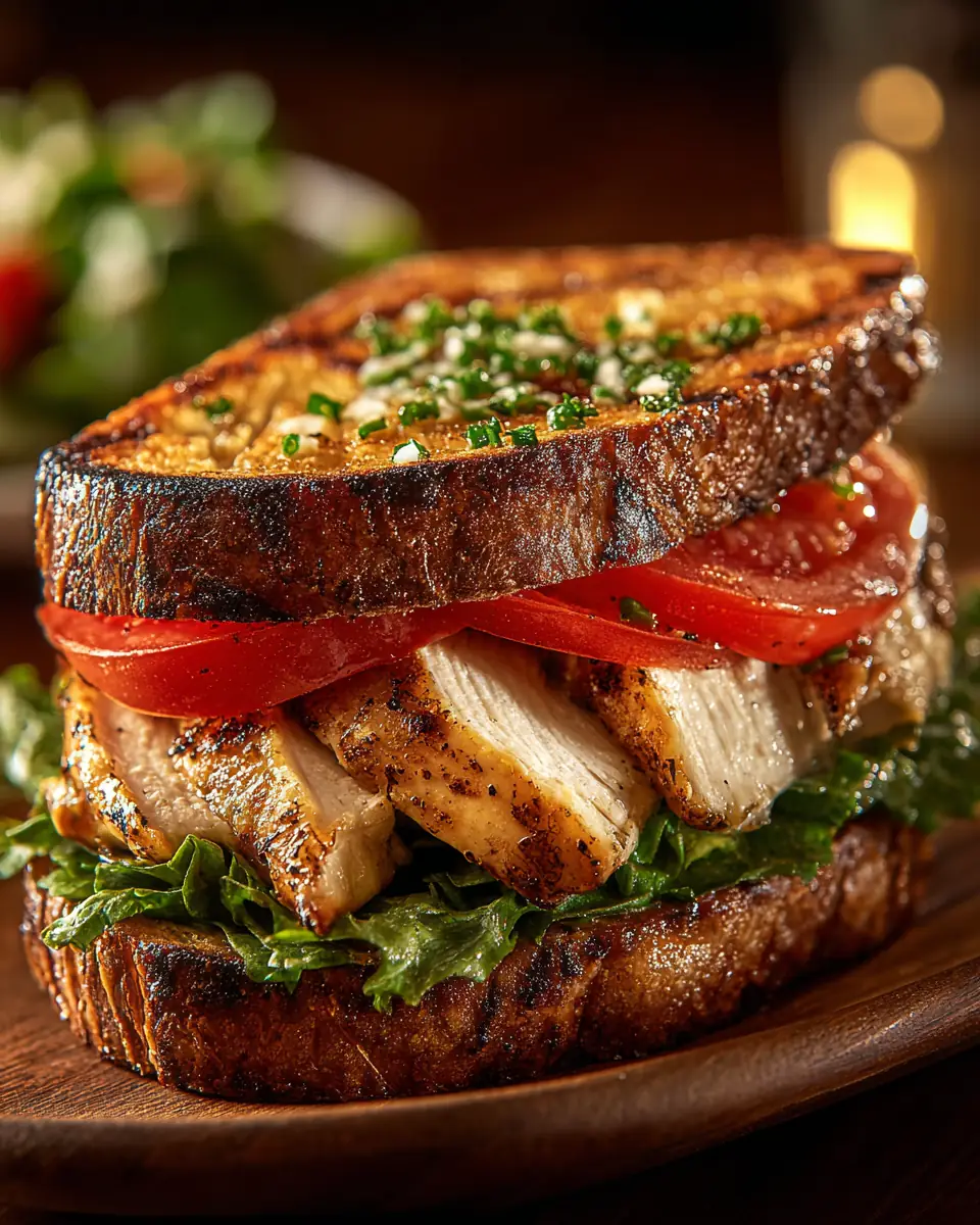 A delicious plate of Garlic Butter, Lettuce, Tomato & Grilled Chicken Sandwich