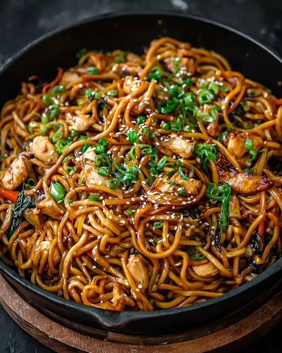 A delicious plate of Garlic Chicken Lo Mein