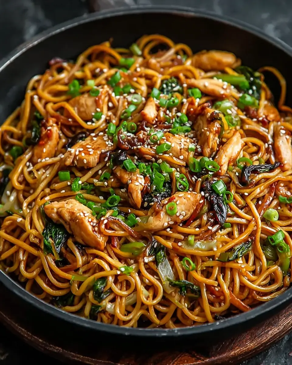 A delicious plate of Garlic Chicken Lo Mein