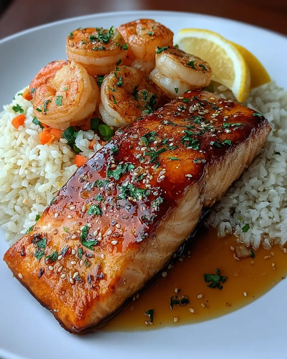 A delicious plate of Honey Garlic Glazed Salmon with Shrimp & Veggie Fried Rice