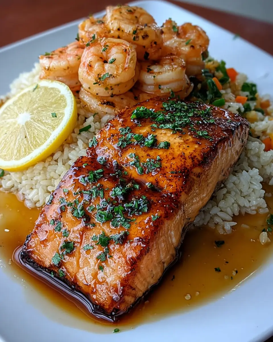 A delicious plate of Honey Garlic Glazed Salmon with Shrimp & Veggie Fried Rice