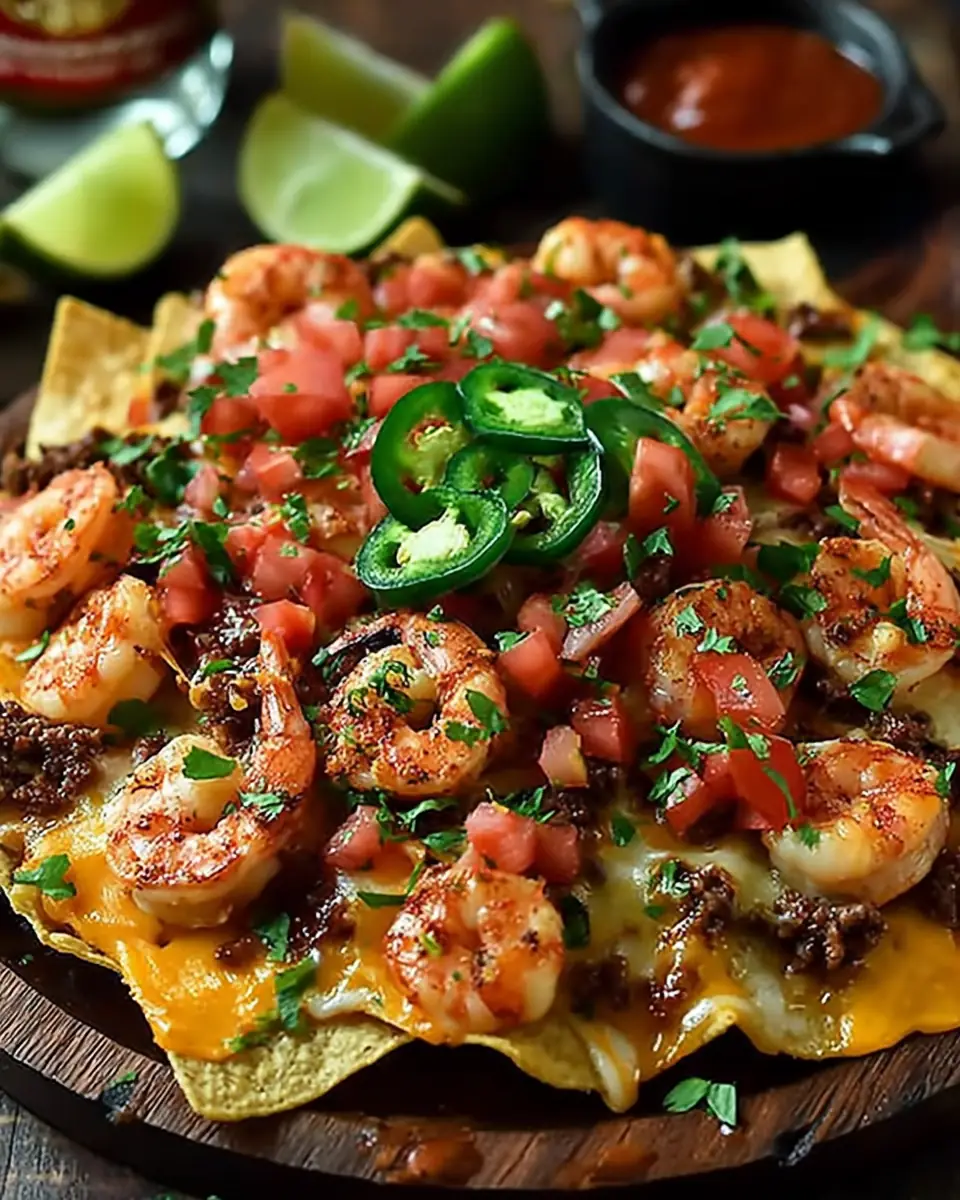 A delicious plate of Loaded Shrimp & Beef Nachos
