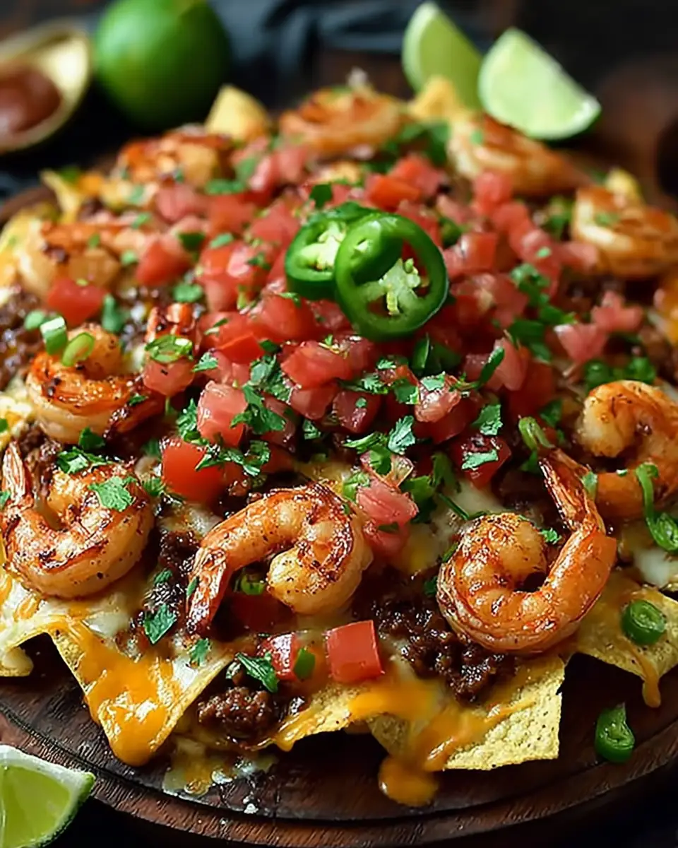 A delicious plate of Loaded Shrimp & Beef Nachos