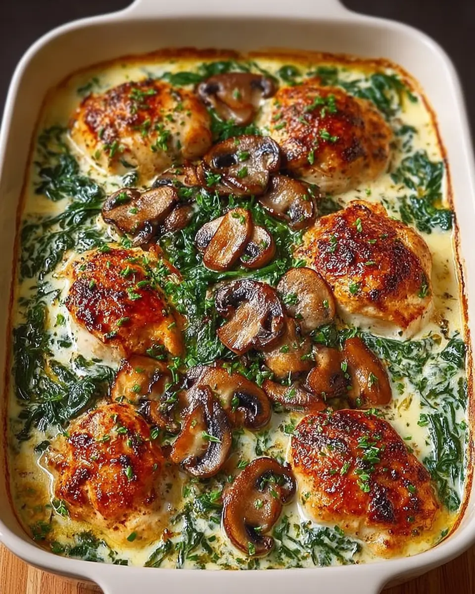 A delicious plate of Low Carb Creamy Chicken, Spinach & Mushroom Bake