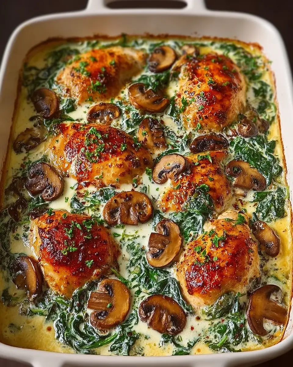 A delicious plate of Low Carb Creamy Chicken, Spinach & Mushroom Bake