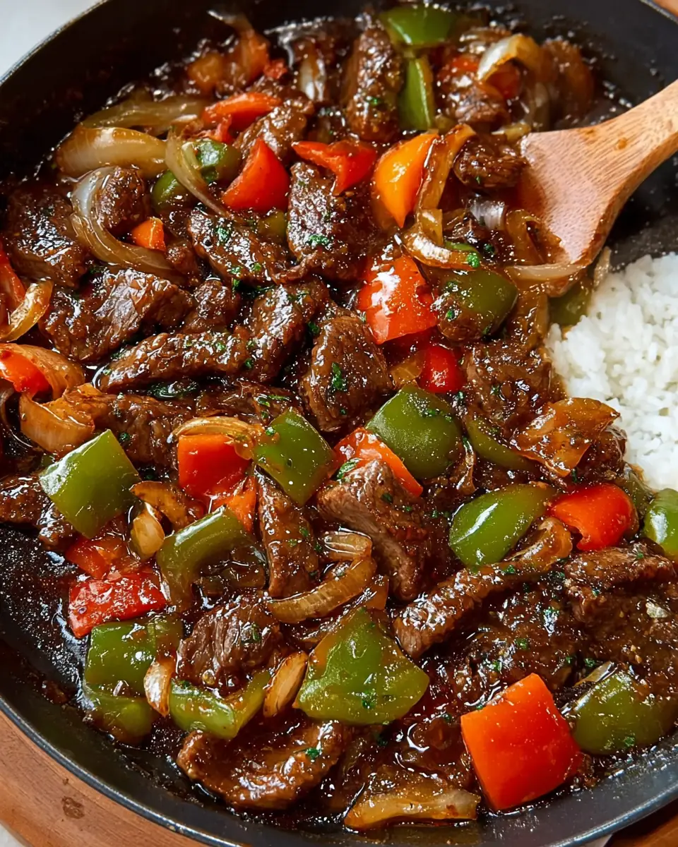 A delicious plate of Pepper Steak with Garlic Rice