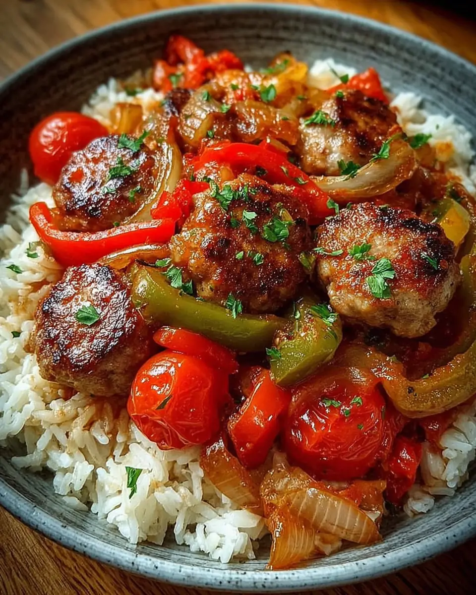A delicious plate of Sausage, Onion, Bell Peppers & Tomatoes Over Rice