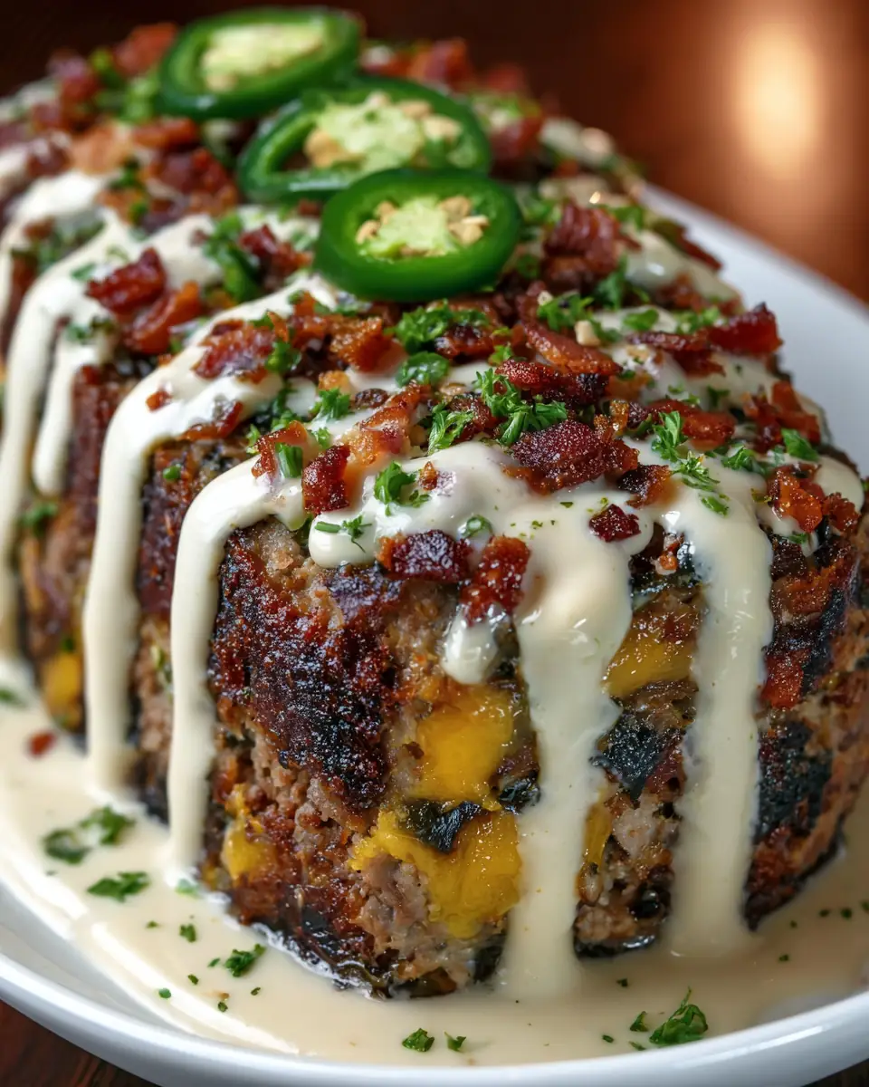 A delicious plate of Smoky Jalapeño Popper Meatloaf with Ranch Drizzle