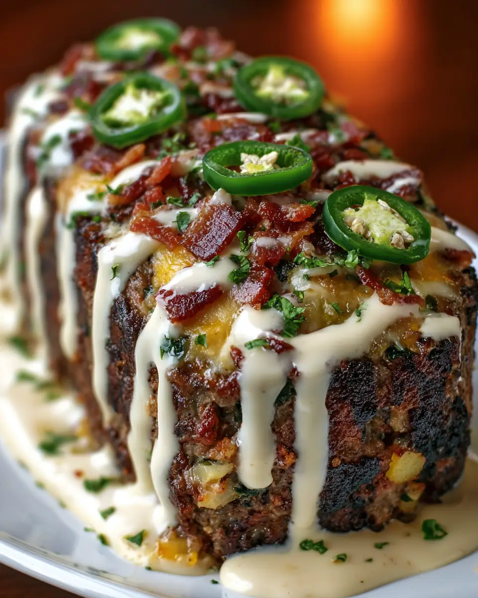 A delicious plate of Smoky Jalapeño Popper Meatloaf with Ranch Drizzle