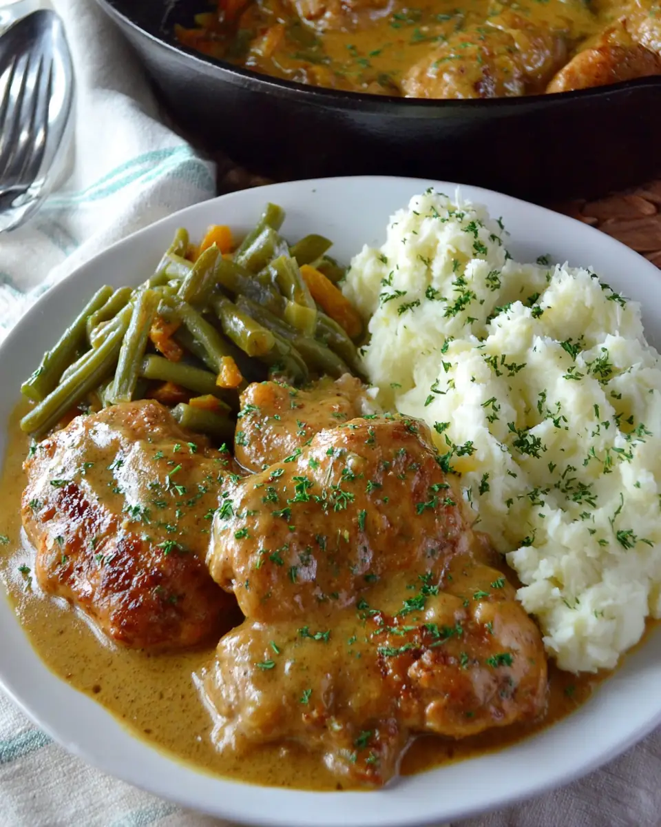 A delicious plate of Smothered Chicken with Peppers & Onion Gravy