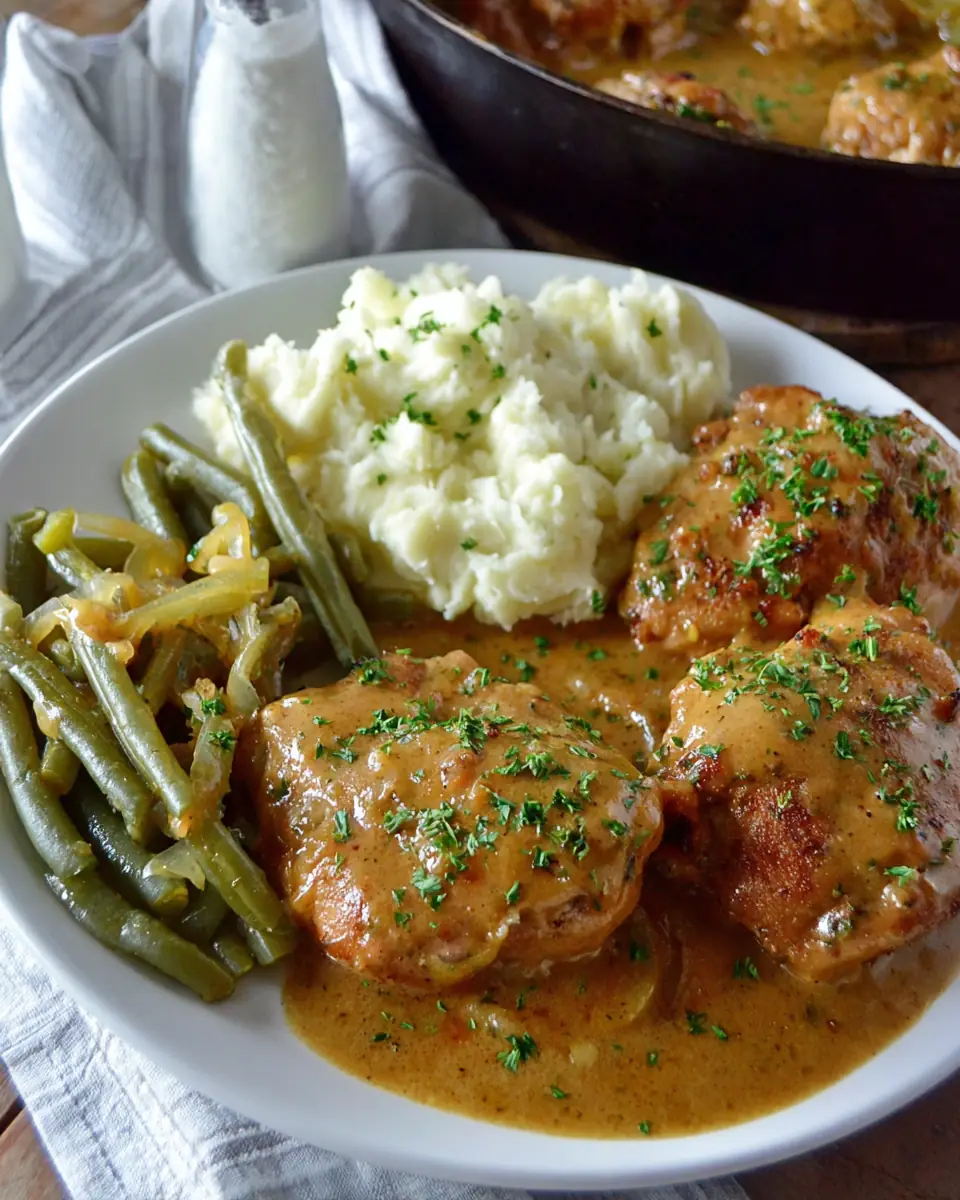 A delicious plate of Smothered Chicken with Peppers & Onion Gravy