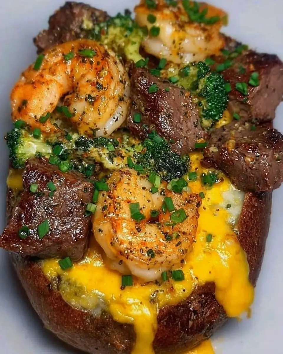 A delicious plate of Steak & Shrimp Over a Cheesy Jumbo
