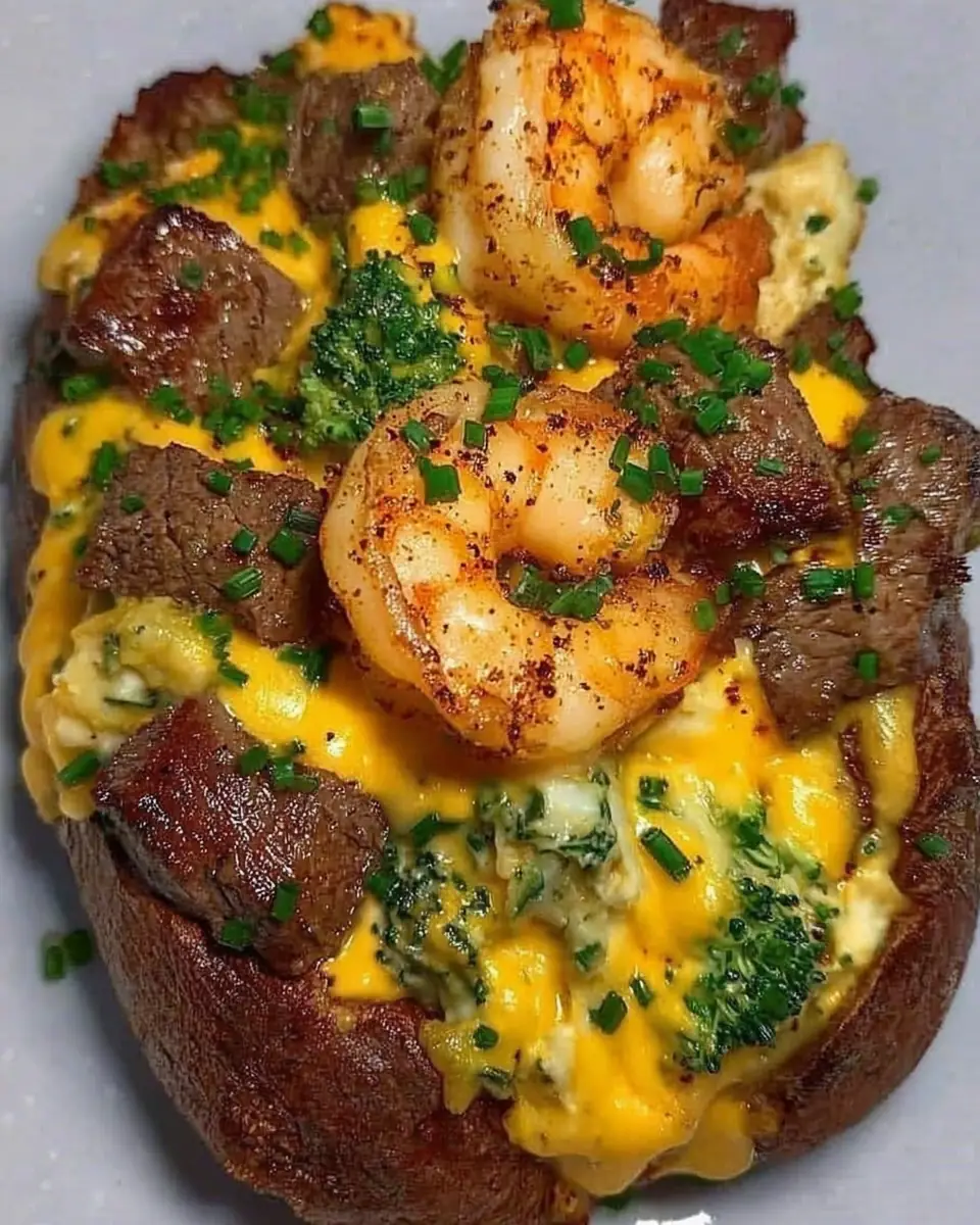 A delicious plate of Steak & Shrimp Over a Cheesy Jumbo