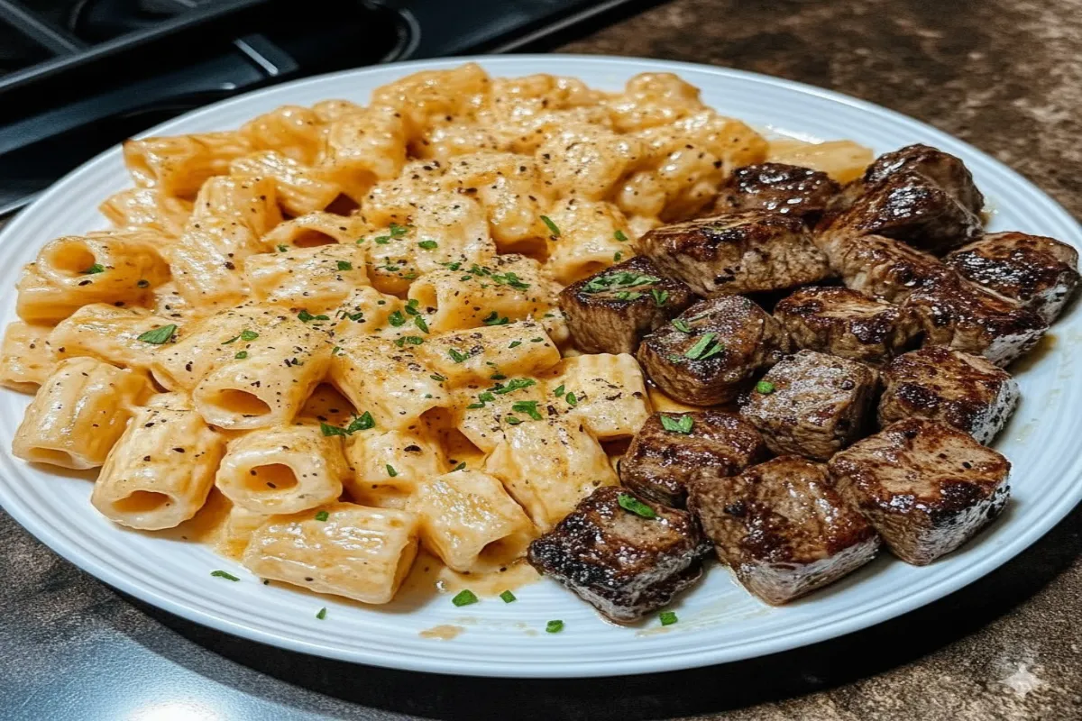 Cajun Steak Tips in Cheesy Rigatoni Parmesan Sauce