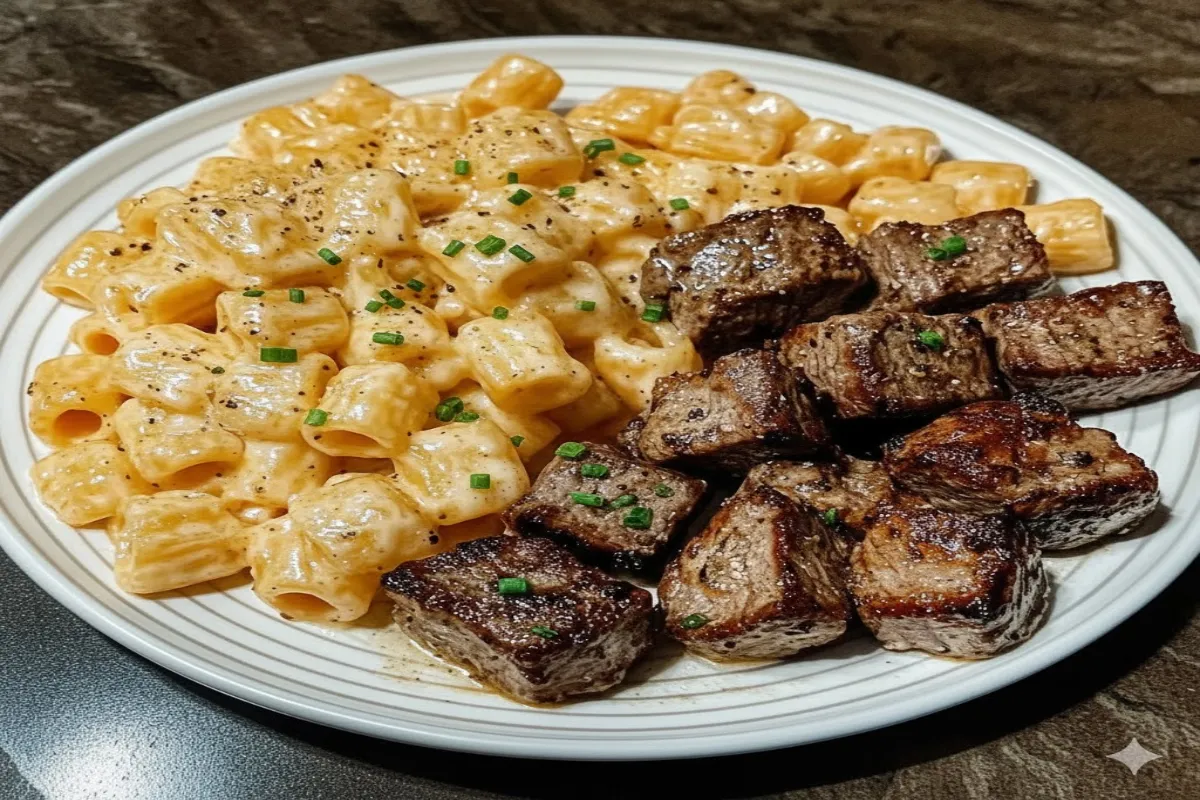 Cajun Steak Tips in Cheesy Rigatoni Parmesan Sauce