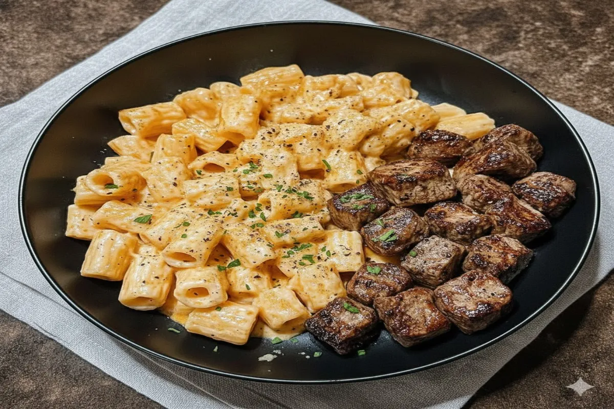 Cajun Steak Tips in Cheesy Rigatoni Parmesan Sauce