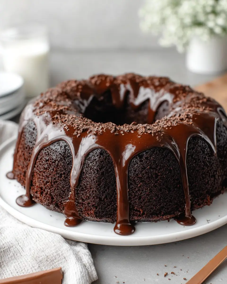 A delicious plate of Blackout Chocolate Bundt Cake with Chocolate Ganache Glaze