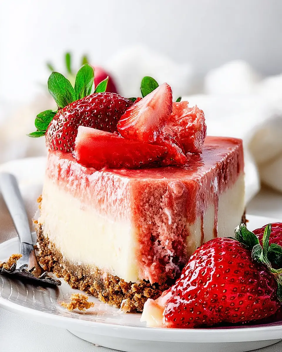 A delicious plate of White Chocolate Strawberry Cheesecake