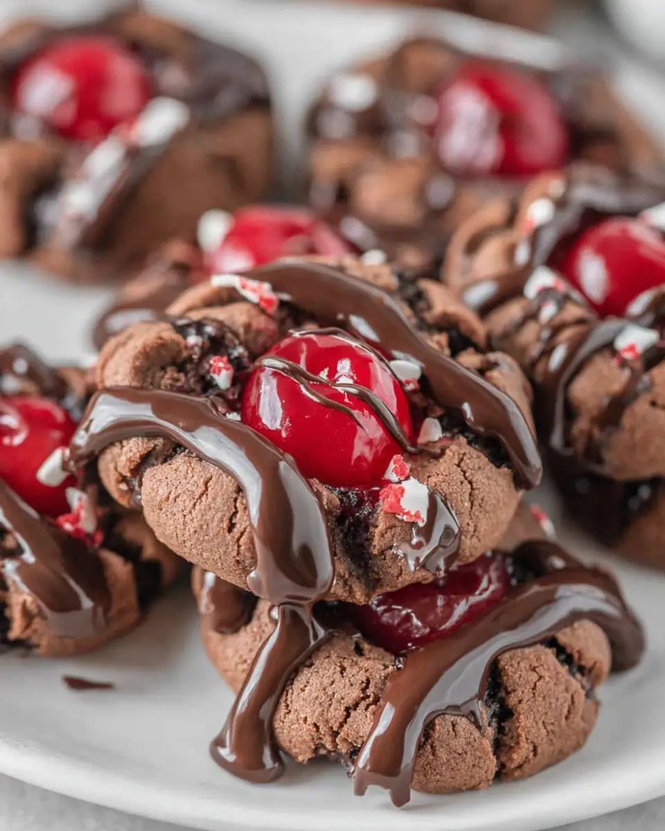 A delicious plate of Chocolate Cherry Thumbprint Cookies