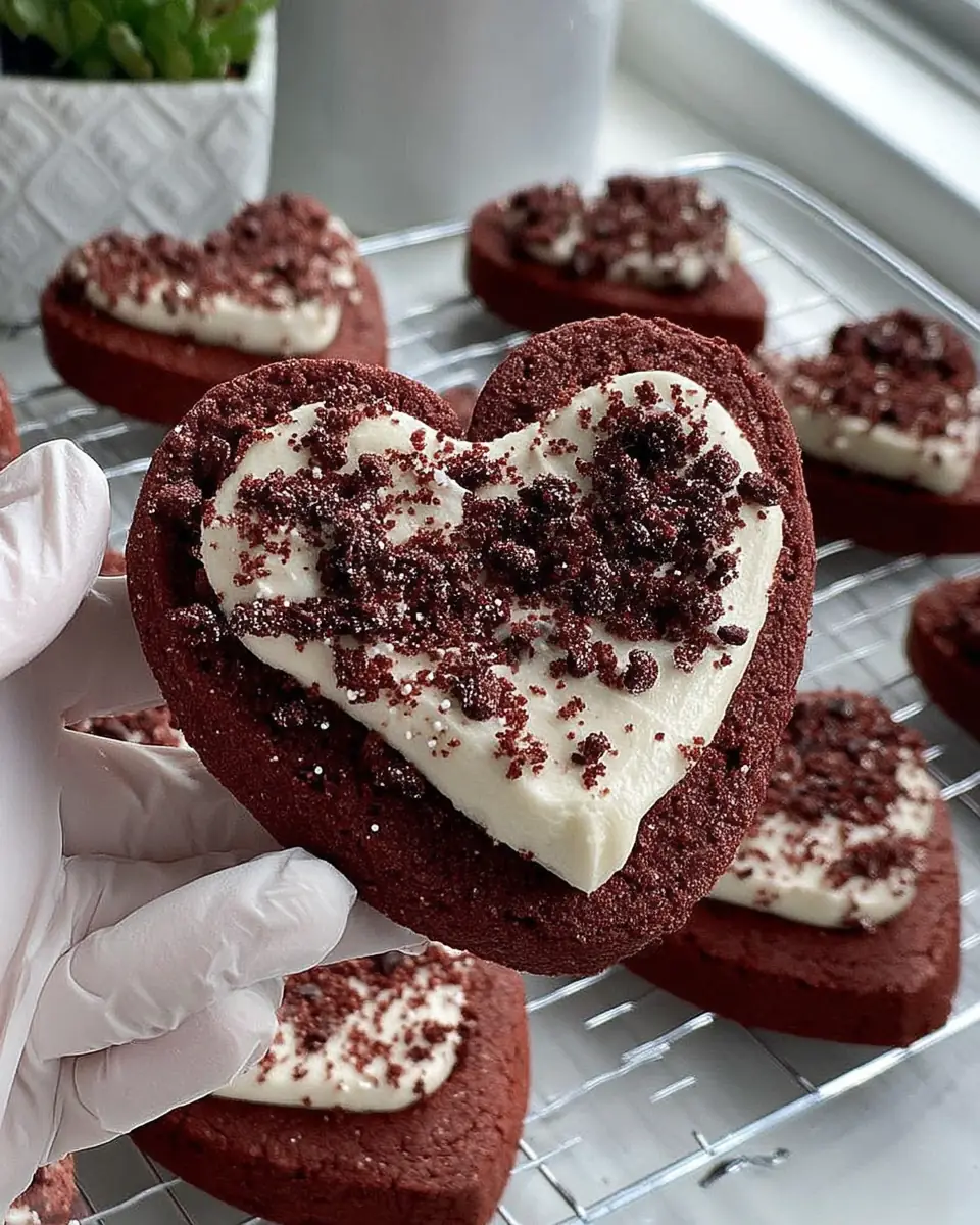 A delicious plate of Heart Shaped Red Velvet Frosted Cookies