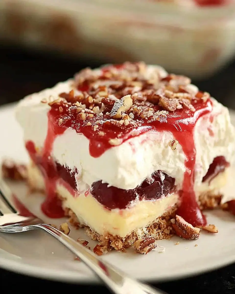 A delicious plate of Layered Cherry Cheesecake Lush Dessert Recipe